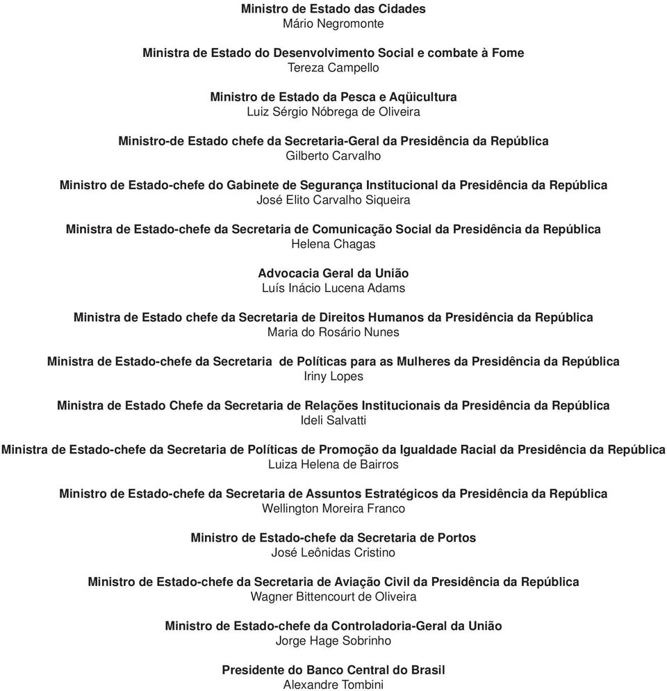 Carvalho Siqueira Ministra de Estado-chefe da Secretaria de Comunicação Social da Presidência da República Helena Chagas Advocacia Geral da União Luís Inácio Lucena Adams Ministra de Estado chefe da