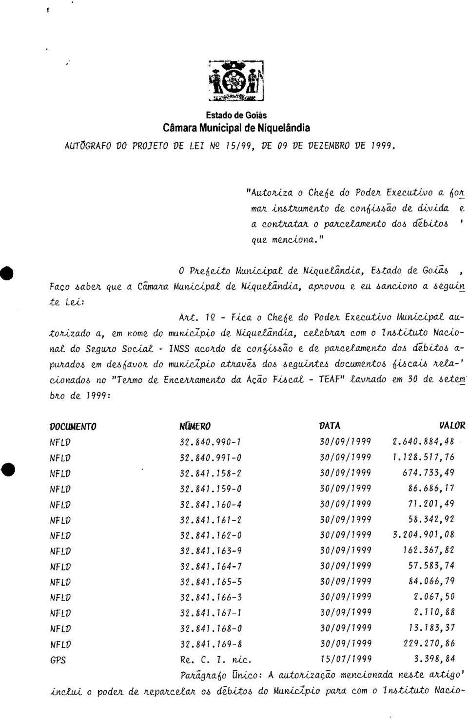 que a C&nwta Municipal de Ntqueíinctia, aptovou e eu hctnciono a 1segwLn -te Lei: A-ut. IQ - E-Lati o Ckee do Podvi. Executivo Municipal autotlza-do a, em nome do mavuijp.lo de W.Lque!indLa, aelebkwt.