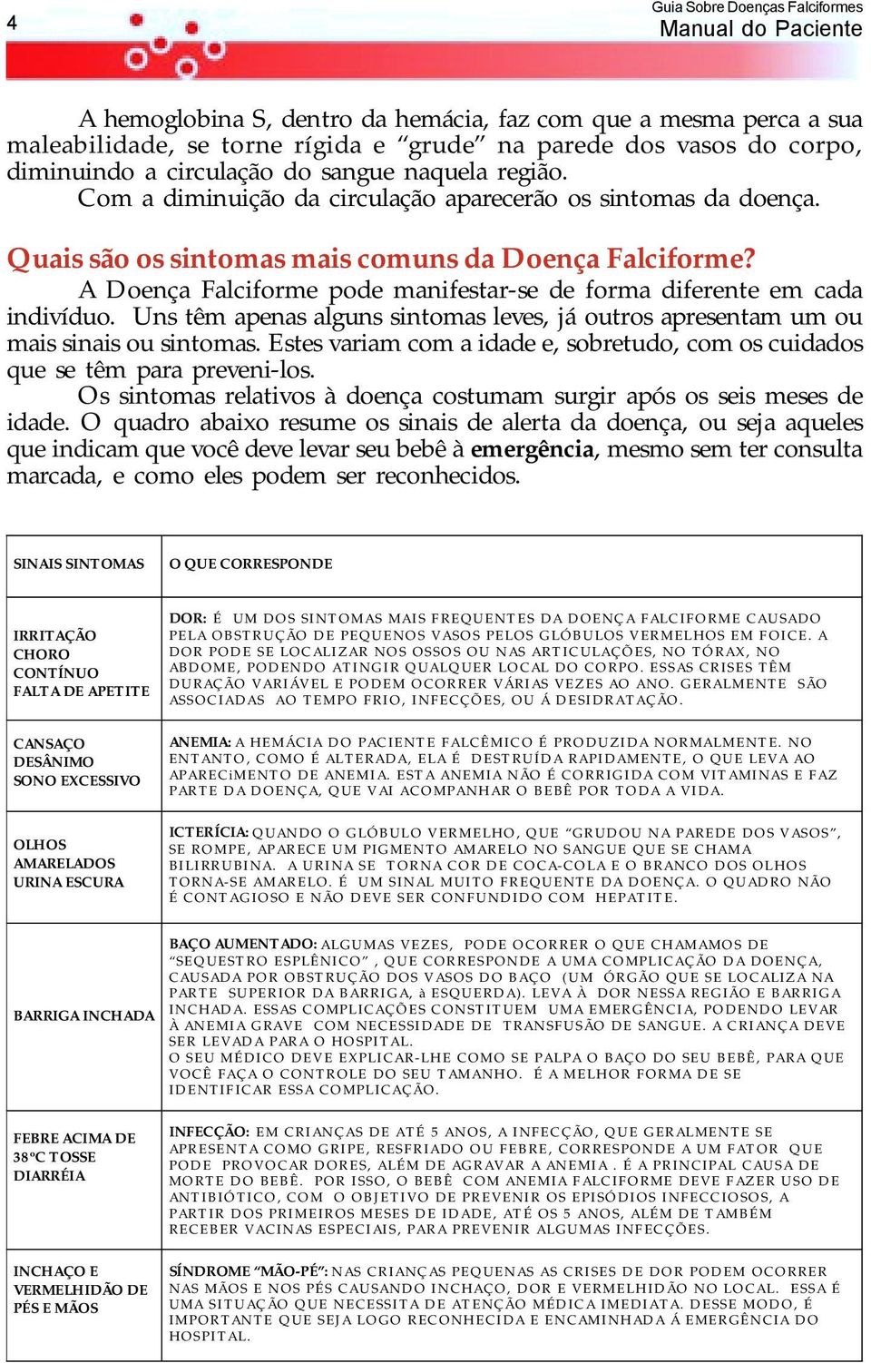 A Doença Falciforme pode manifestar-se de forma diferente em cada indivíduo. Uns têm apenas alguns sintomas leves, já outros apresentam um ou mais sinais ou sintomas.