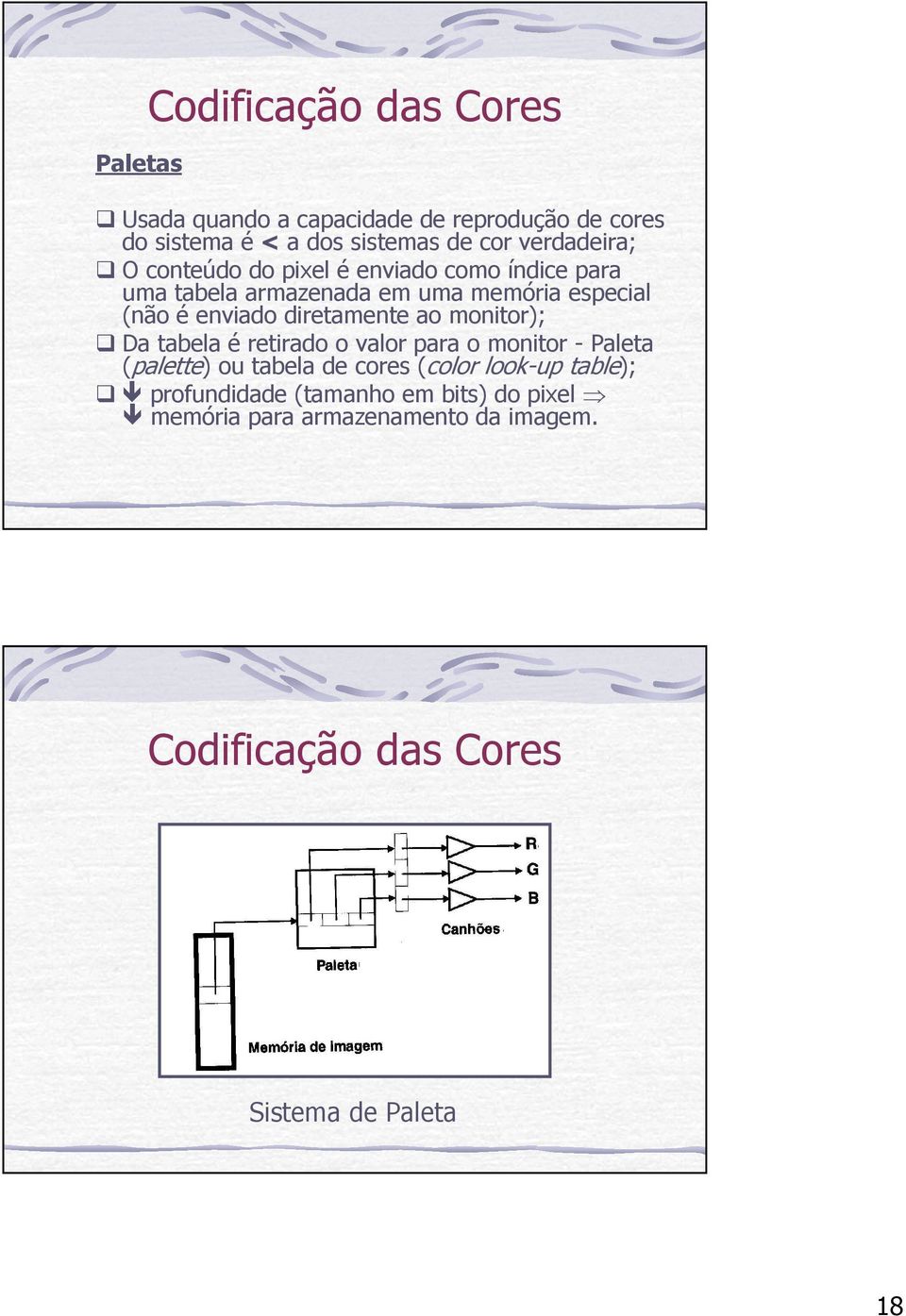 diretamente ao monitor); Da tabela é retirado o valor para o monitor - Paleta (palette) ou tabela de cores (color look-up