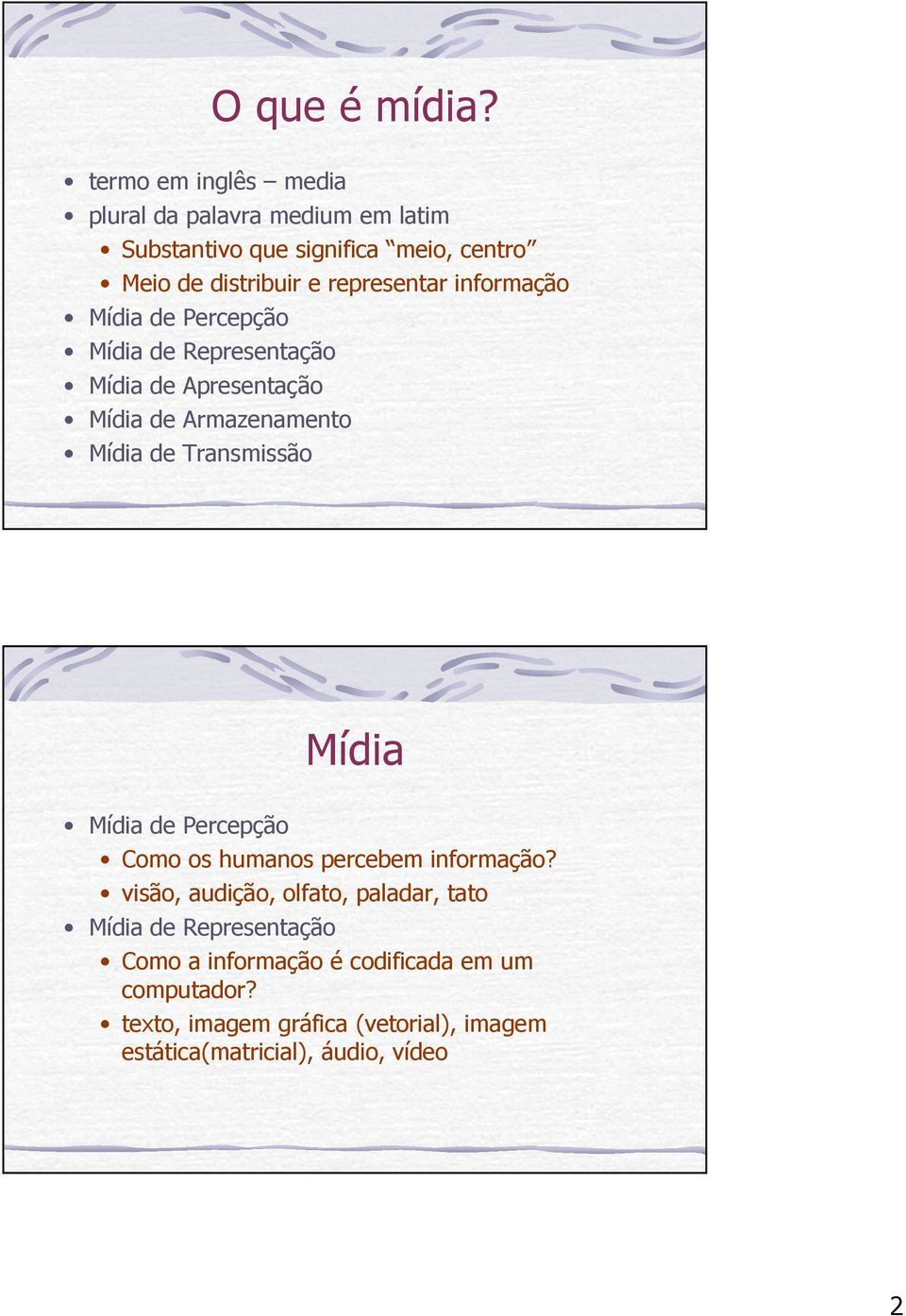 informação Mídia de Percepção Mídia de Representação Mídia de Apresentação Mídia de Armazenamento Mídia de Transmissão Mídia