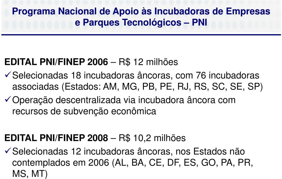 Operação descentralizada via incubadora âncora com recursos de subvenção econômica EDITAL PNI/FINEP 2008 R$ 10,2