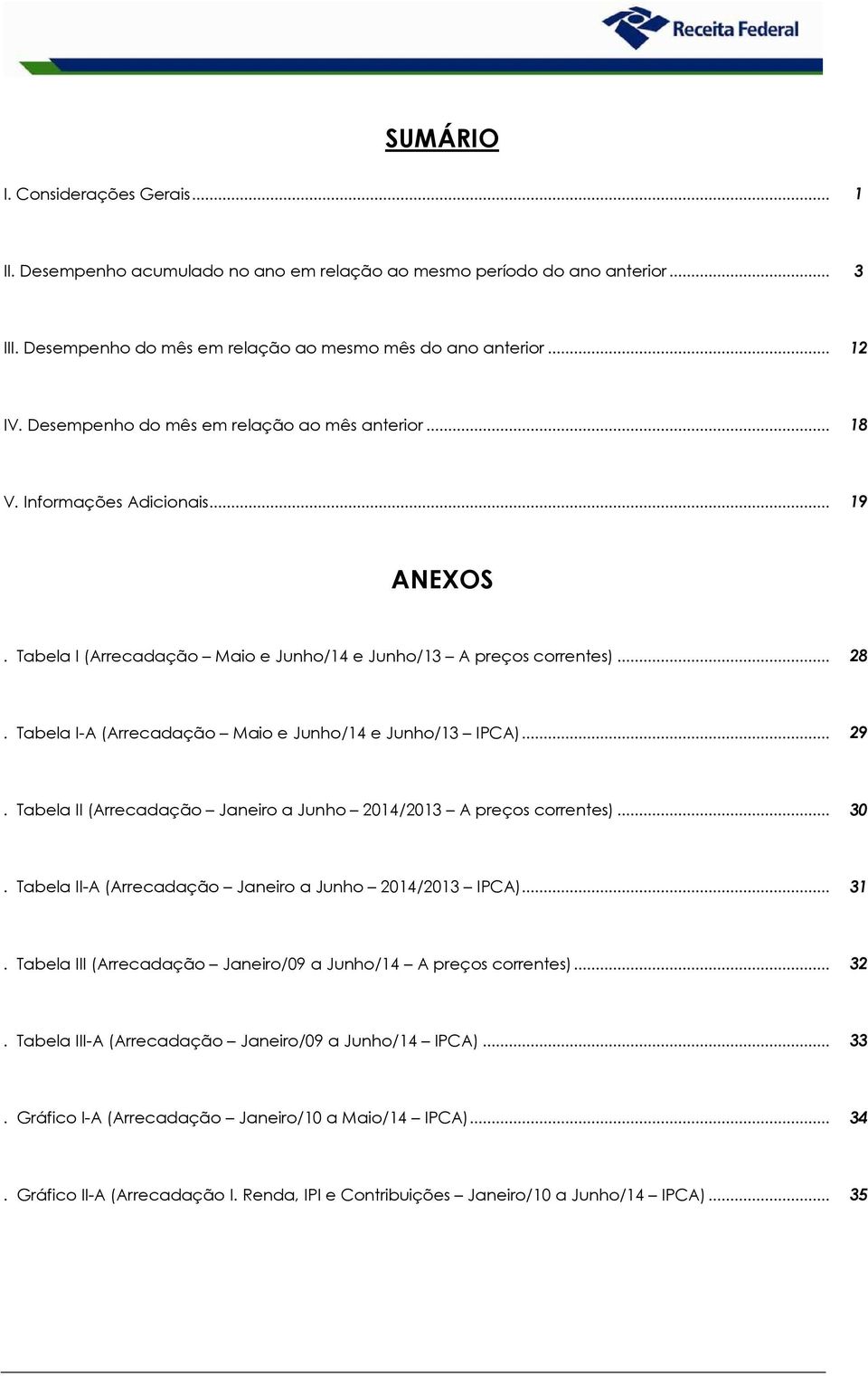 Tabela I-A (Arrecadação Maio e Junho/14 e Junho/13 IPCA)... 29. Tabela II (Arrecadação Janeiro a Junho 2014/2013 A preços correntes)... 30. Tabela II-A (Arrecadação Janeiro a Junho 2014/2013 IPCA).