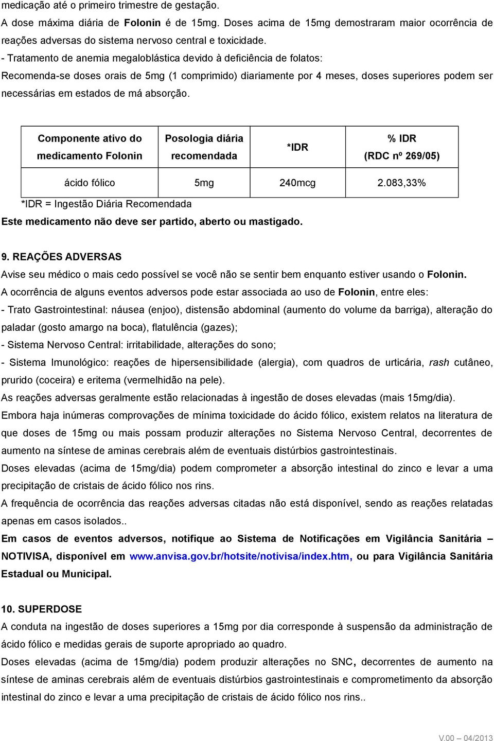 absorção. Componente ativo do medicamento Folonin Posologia diária recomendada *IDR % IDR (RDC nº 269/05) ácido fólico 5mg 240mcg 2.