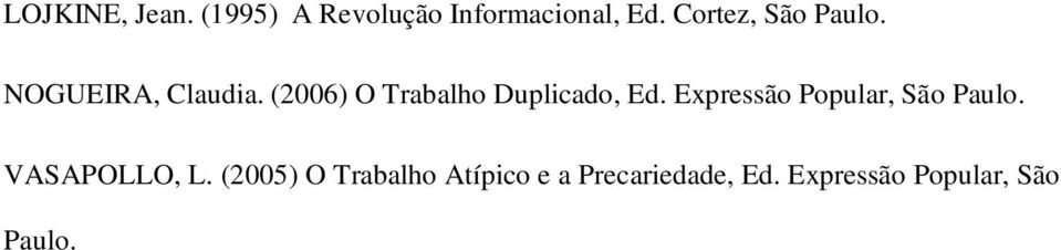(2006) O Trabalho Duplicado, Ed. Expressão Popular, São Paulo.