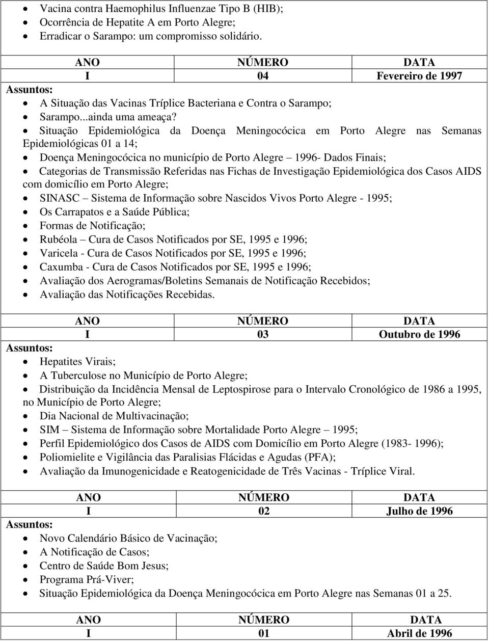 Situação Epidemiológica da Doença Meningocócica em Porto Alegre nas Semanas Epidemiológicas 01 a 14; Doença Meningocócica no município de Porto Alegre 1996- Dados Finais; Categorias de Transmissão