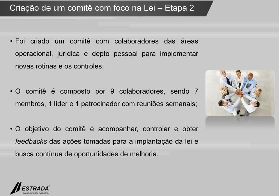 colaboradores, sendo 7 membros, 1 líder e 1 patrocinador com reuniões semanais; O objetivo do comitê é