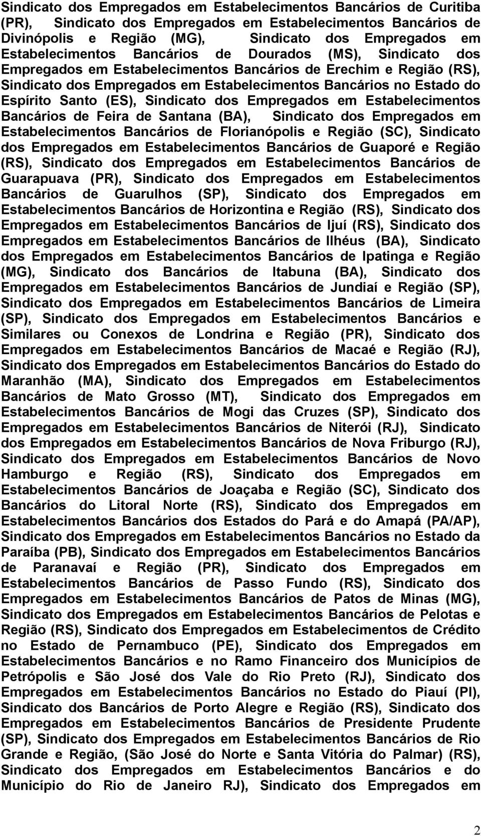 Feira de Santana (BA), Sindicato dos Empregados em Estabelecimentos Bancários de Florianópolis e Região (SC), Sindicato dos Empregados em Estabelecimentos Bancários de Guaporé e Região (RS),