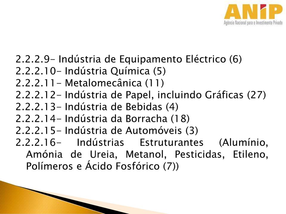 2.2.15- Indústria de Automóveis (3) 2.2.2.16- Indústrias Estruturantes (Alumínio, Amónia de Ureia,