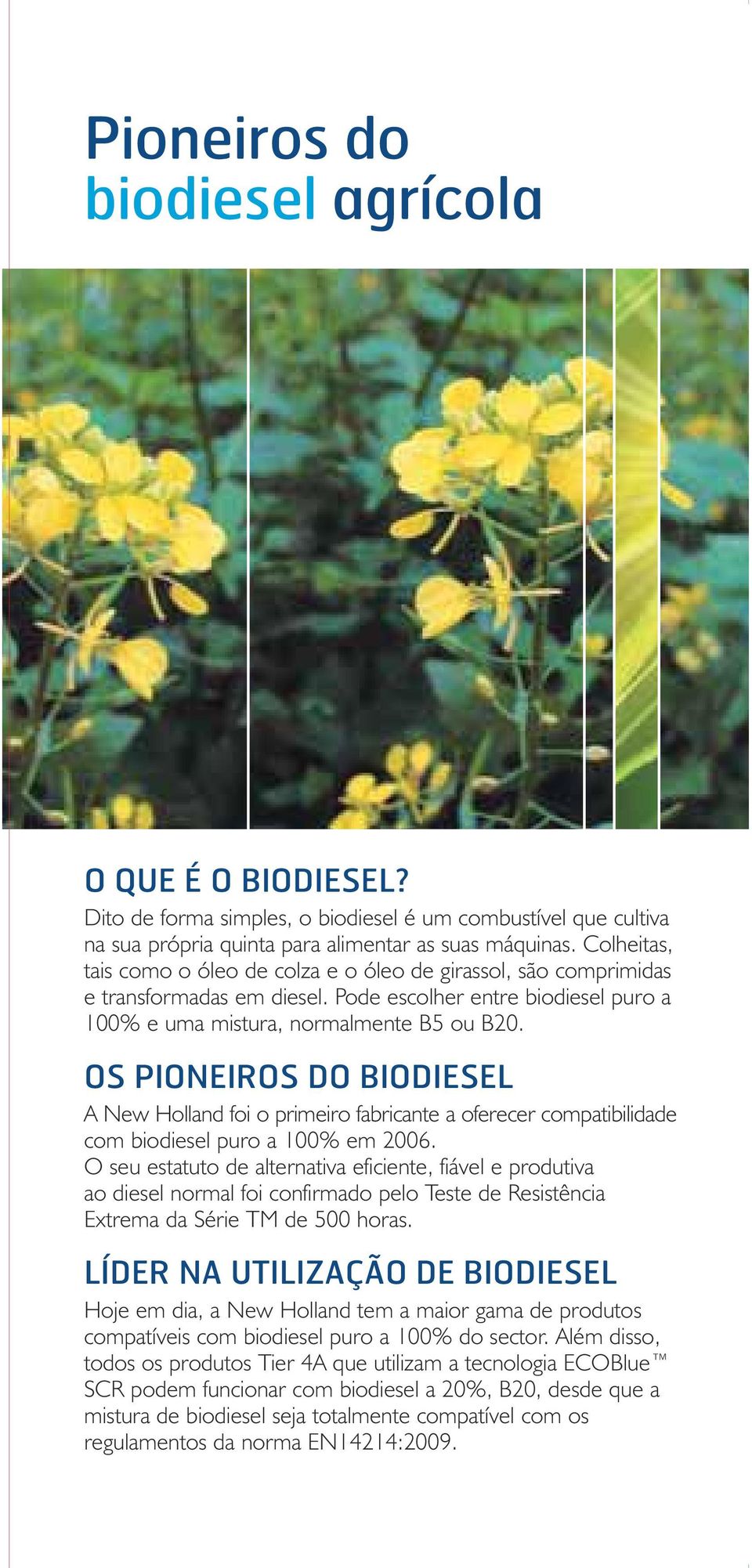 OS PIONEIROS DO BIODIESEL A New Holland foi o primeiro fabricante a oferecer compatibilidade com biodiesel puro a 100% em 2006.