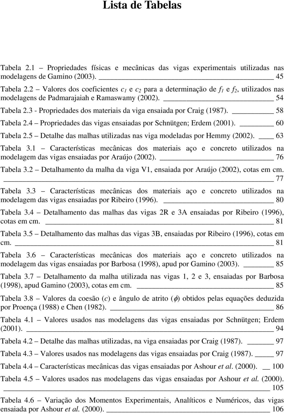 4 Propriedades das vigas ensaiadas por Shnütgen; Erdem (001). 60 Tabela.5 Detalhe das malhas utilizadas nas viga modeladas por Hemmy (00). 63 Tabela 3.