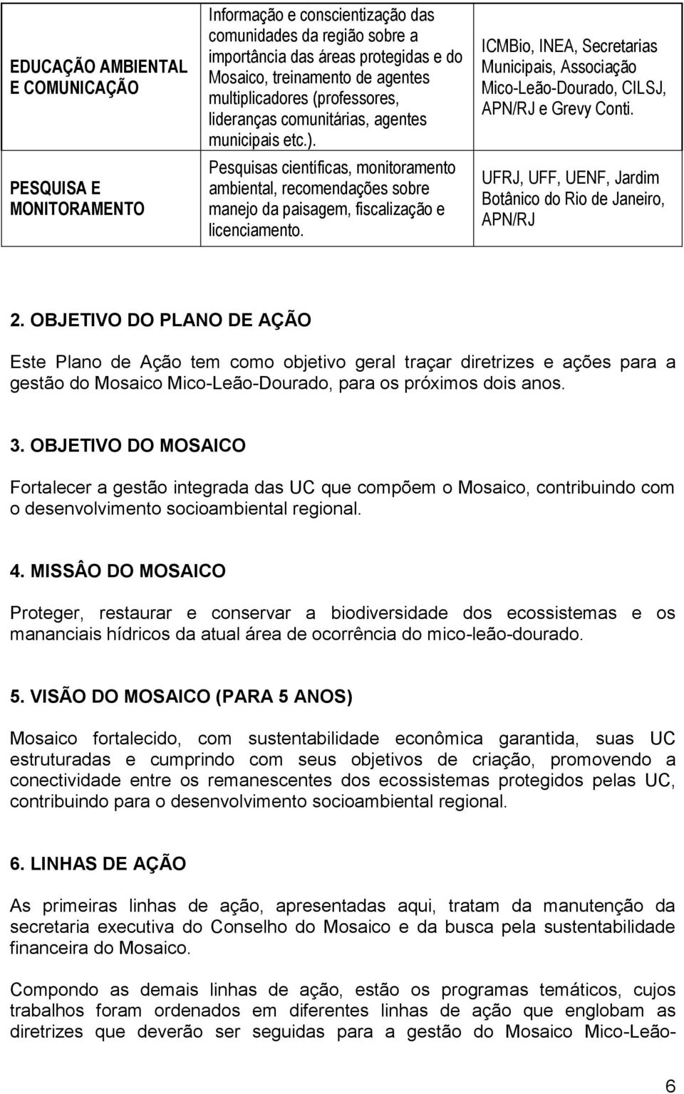 ICMBio, INEA, Secretarias Municipais, Associação Mico-Leão-Dourado, CILSJ, APN/RJ e Grevy Conti. UFRJ, UFF, UENF, Jardim Botânico do Rio de Janeiro, APN/RJ 2.