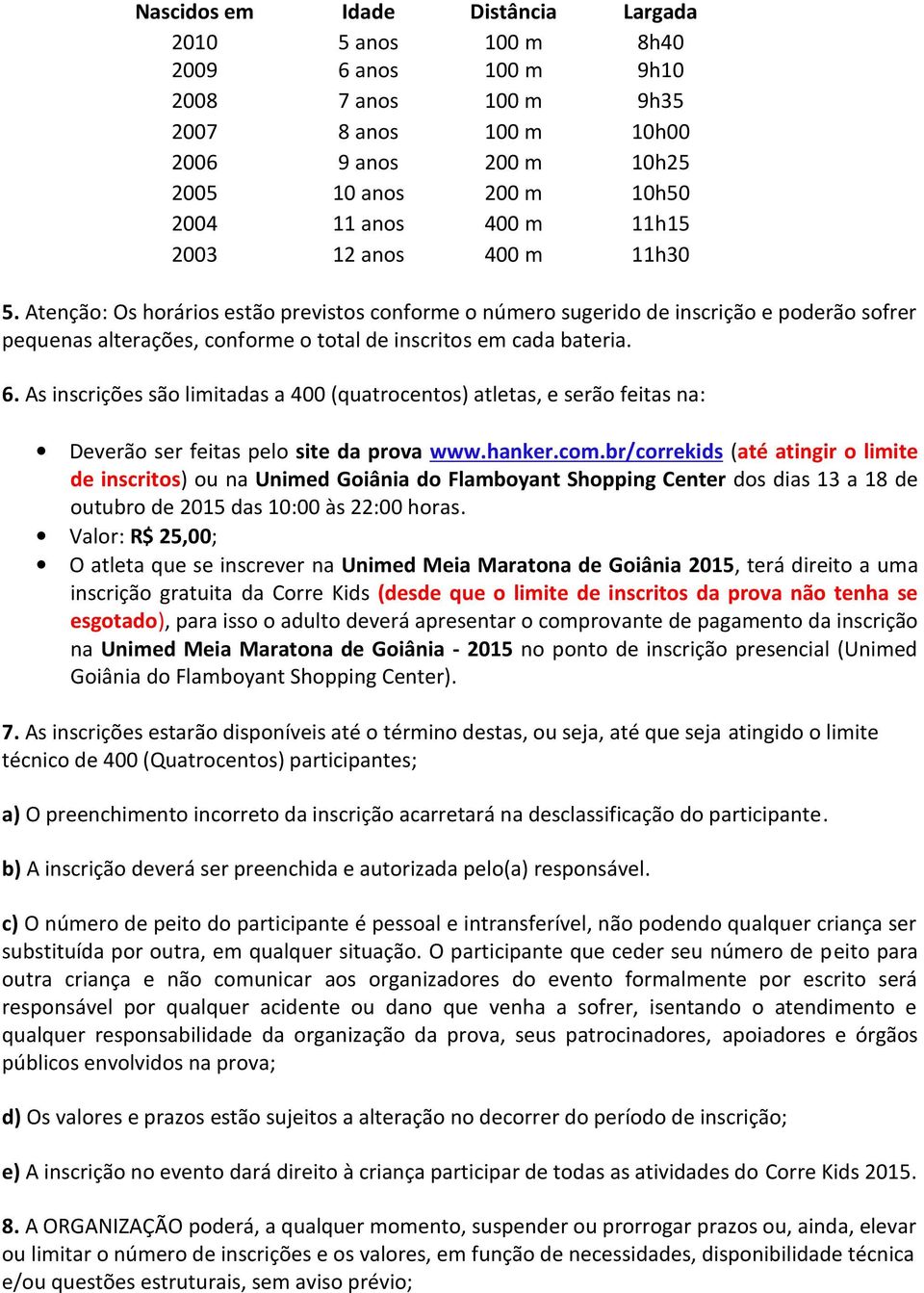 As inscrições são limitadas a 400 (quatrocentos) atletas, e serão feitas na: Deverão ser feitas pelo site da prova www.hanker.com.