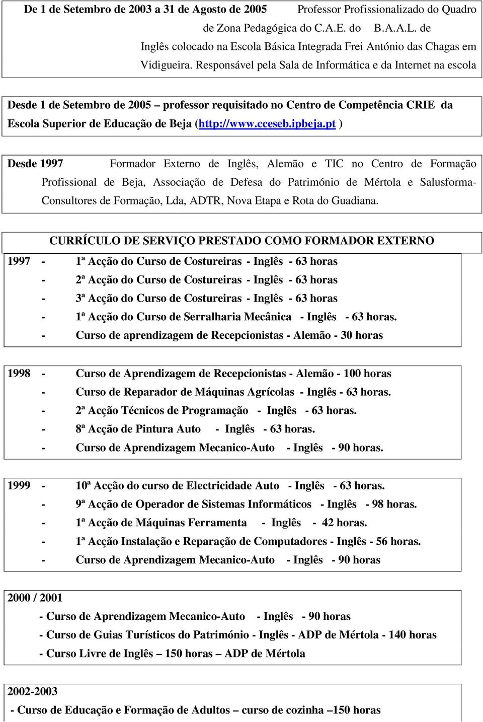 Responsável pela Sala de Informática e da Internet na escola Desde 1 de Setembro de 2005 professor requisitado no Centro de Competência CRIE da Escola Superior de Educação de Beja (http://www.cceseb.