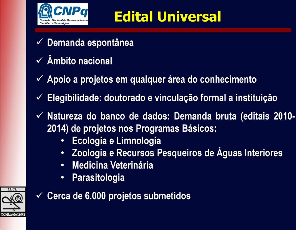 Demanda bruta (editais 2010-2014) de projetos nos Programas Básicos: Ecologia e Limnologia Zoologia