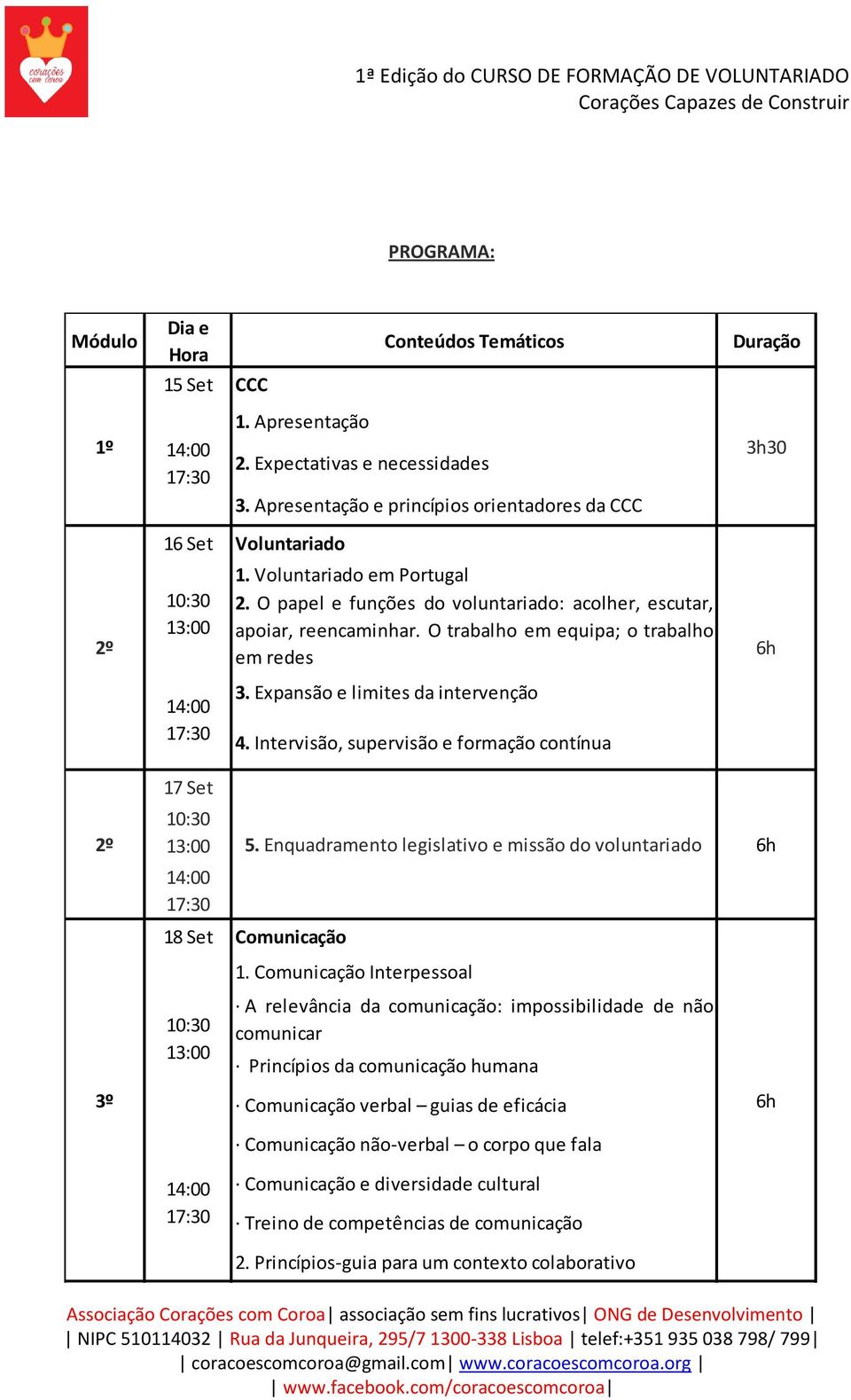 Intervisão, supervisão e formação contínua 2º 5. Enquadramento legislativo e missão do voluntariado 18 Set Comunicação 1.