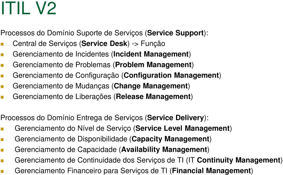 Processos do Domínio Entrega de Serviços (Service Delivery): Gerenciamento do Nível de Serviço (Service Level Management) Gerenciamento de Disponibilidade (Capacity Management)