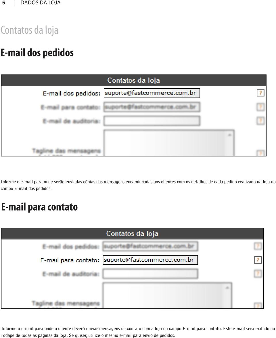 E-mail para contato Informe o e-mail para onde o cliente deverá enviar mensagens de contato com a loja no campo