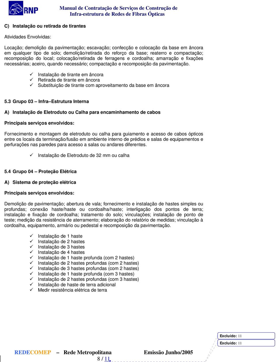 quando necessário; compactação e recomposição da pavimentação. Instalação de tirante em âncora Retirada de tirante em âncora Substituição de tirante com aproveitamento da base em âncora 5.