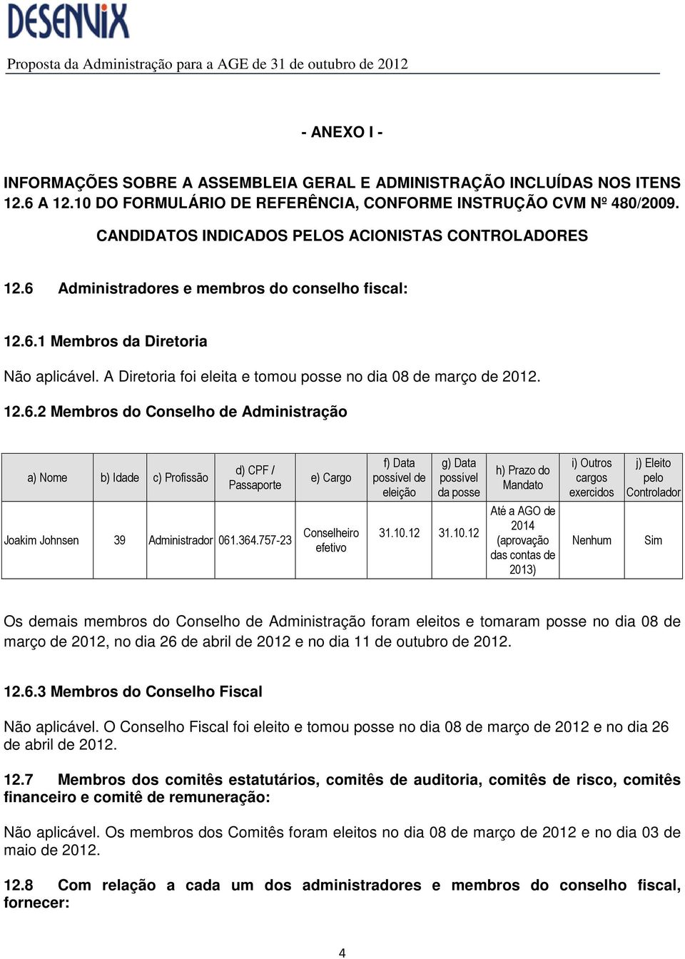 364.757-23 e) Cargo Conselheiro efetivo f) Data possível de eleição g) Data possível da posse 31.10.