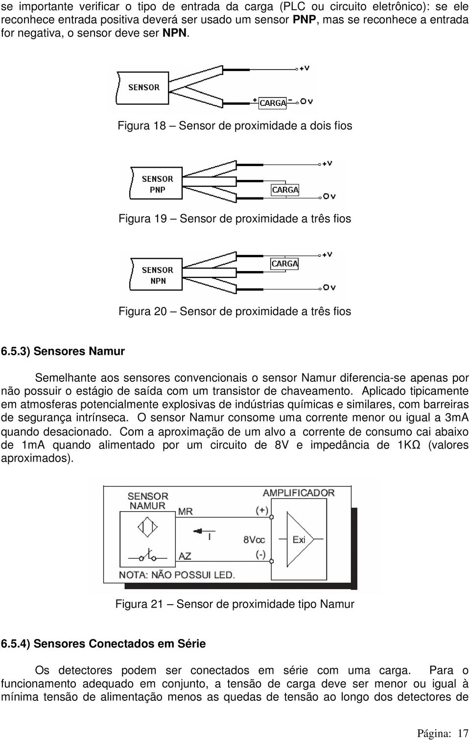 3) Sensores Namur Semelhante aos sensores convencionais o sensor Namur diferencia-se apenas por não possuir o estágio de saída com um transistor de chaveamento.