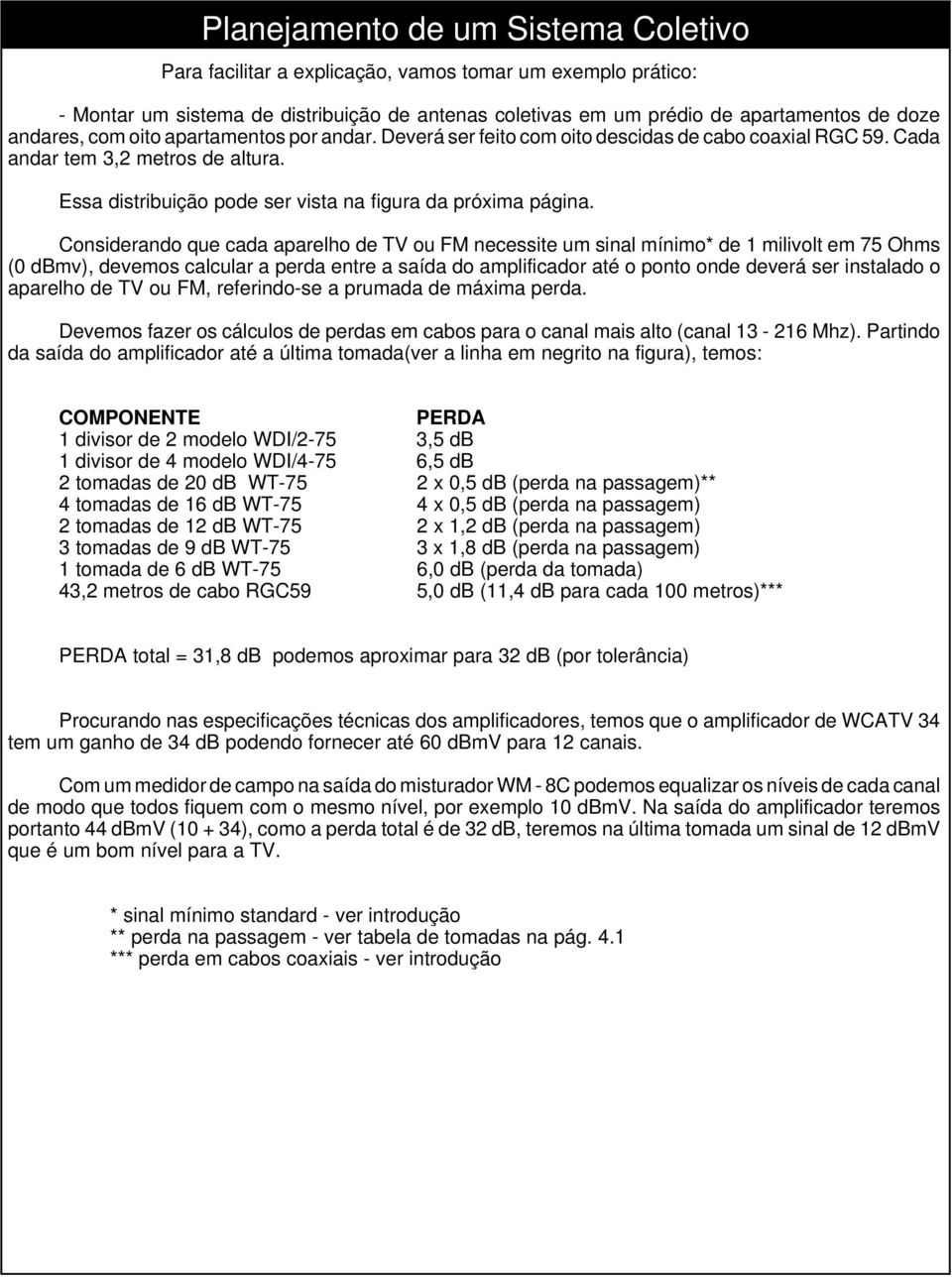 Considerando que cada aparelho de TV ou FM necessite um sinal mínimo* de 1 milivolt em 75 Ohms (0 dbmv), devemos calcular a perda entre a saída do amplificador até o ponto onde deverá ser instalado o