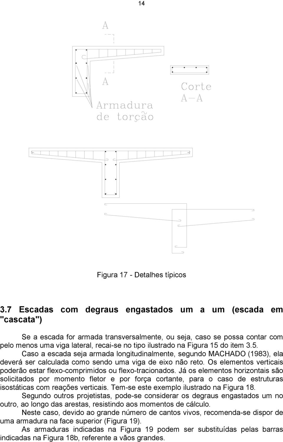 Figura 15 do item 3.5. Caso a escada seja armada longitudinalmente, segundo MACHADO (1983), ela deverá ser calculada como sendo uma viga de eixo não reto.