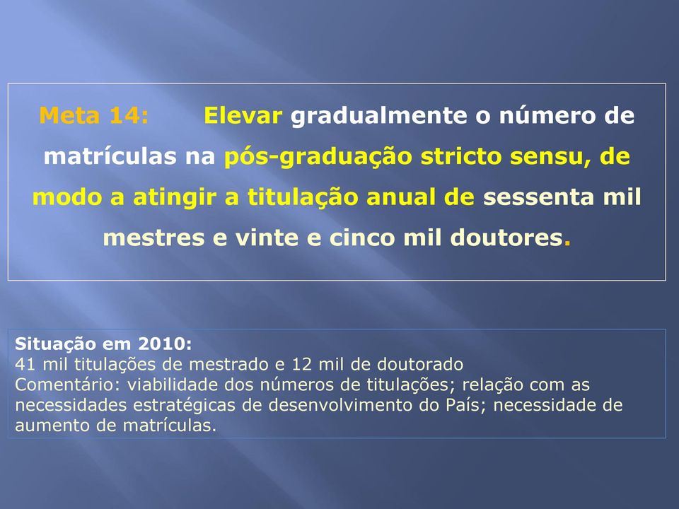 Situação em 2010: 41 mil titulações de mestrado e 12 mil de doutorado Comentário: viabilidade dos