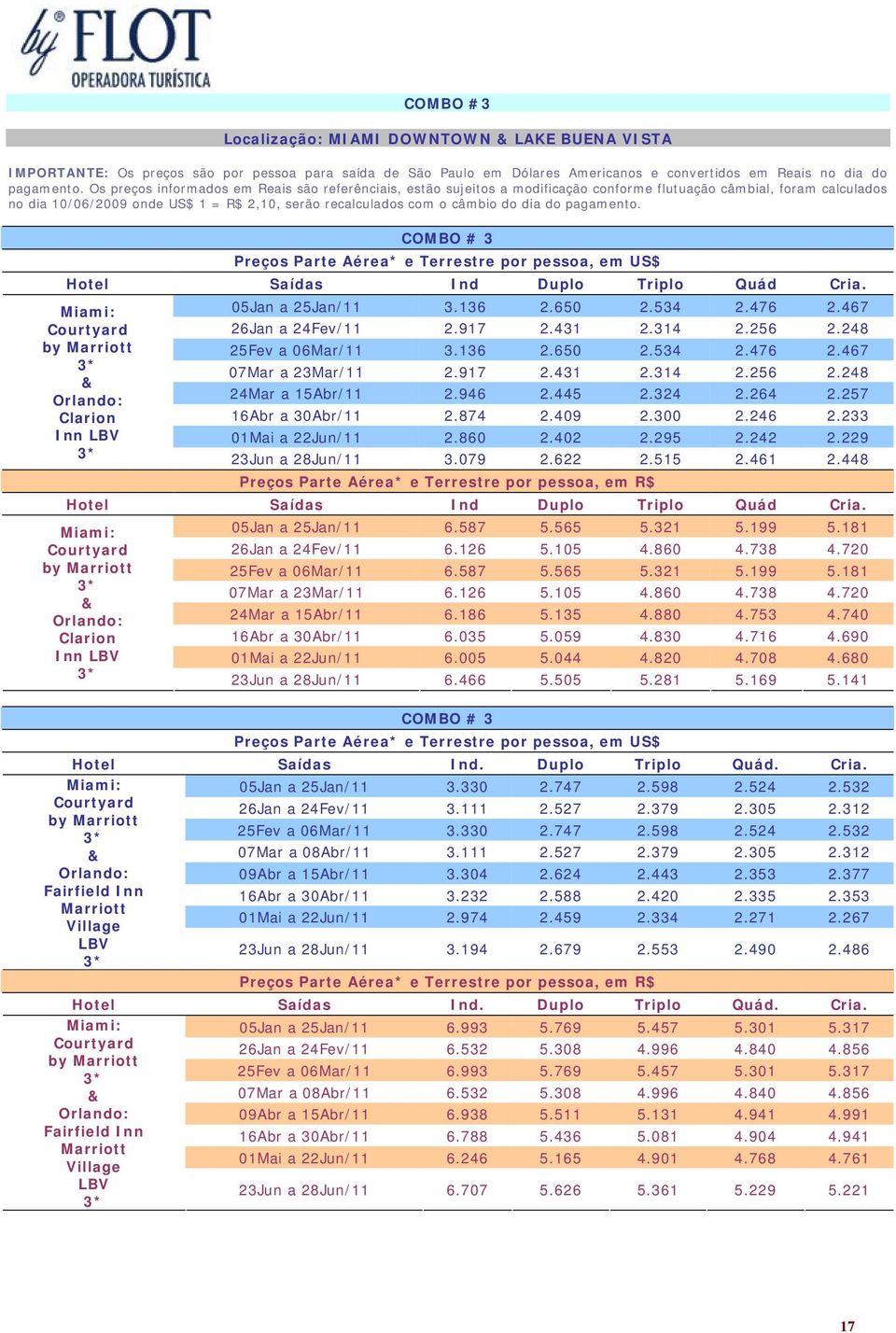 dia do pagamento. COMBO # 3 Hotel Saídas Ind Duplo Triplo Quád Cria. Crtyard by Marriott Clarion Inn LBV 05Jan a 25Jan/11 3.136 2.650 2.534 2.476 2.467 26Jan a 24Fev/11 2.917 2.431 2.314 2.256 2.