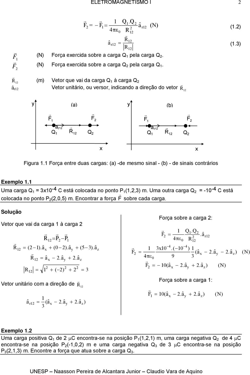 nconta a foça F sobe cada caga. Solução Veto que vai da caga à caga P P ( ).$ a + ( 0 ).$ a + (5 3). $a a$. a$ +. a$ + ( ) + 3 F Foça sobe a caga : F. 4 πε 0 4 4 a 30.( 0 ) ($ a. a$. a$ ) ( N) 0 9 3 F 0($ a.