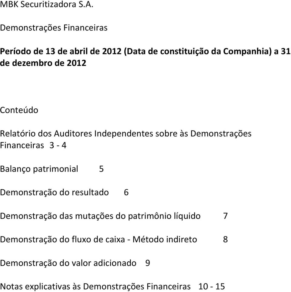 2012 Conteúdo Relatório dos Auditores Independentes sobre às Demonstrações Financeiras 3-4 Balanço patrimonial 5