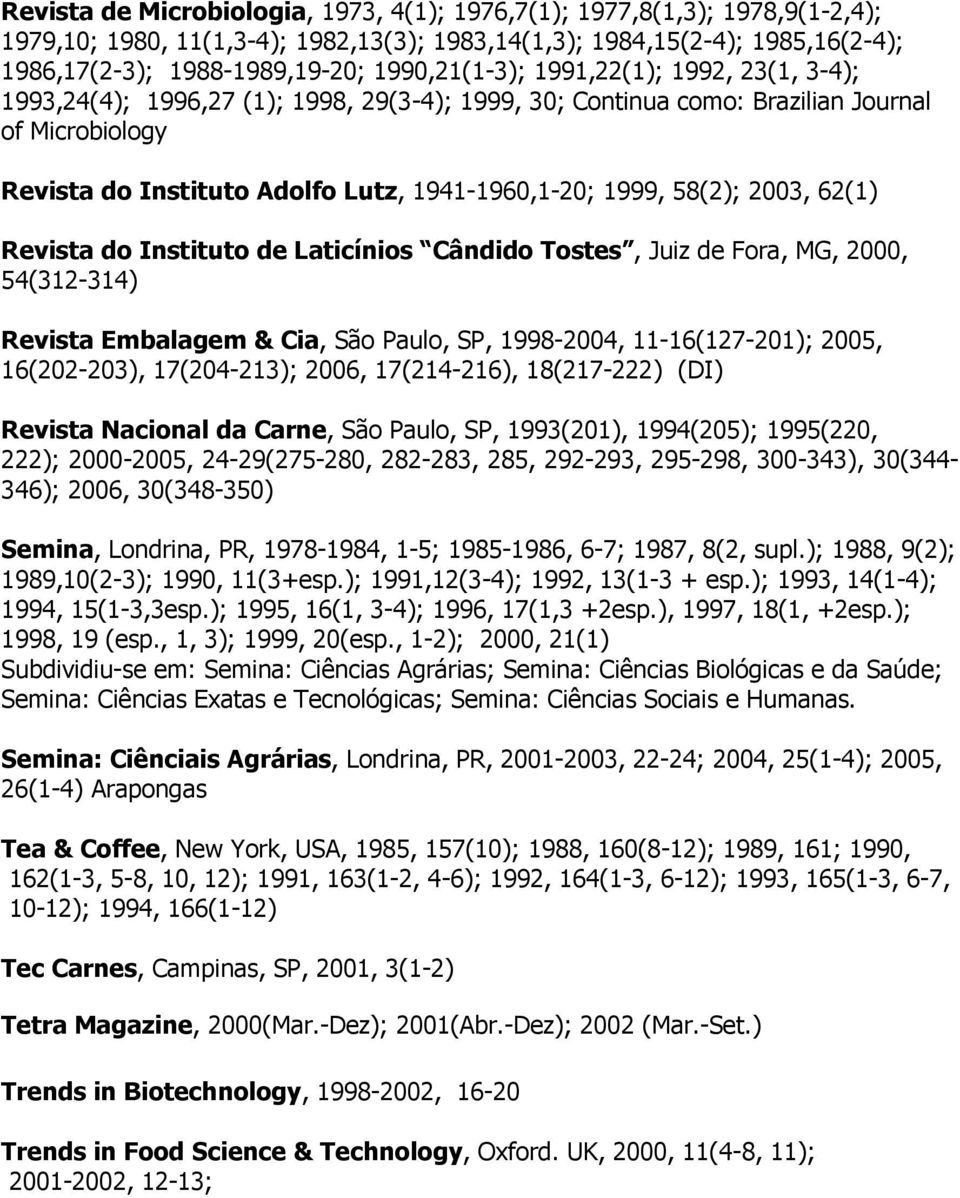 58(2); 2003, 62(1) Revista do Instituto de Laticínios Cândido Tostes, Juiz de Fora, MG, 2000, 54(312-314) Revista Embalagem & Cia, São Paulo, SP, 1998-2004, 11-16(127-201); 2005, 16(202-203),