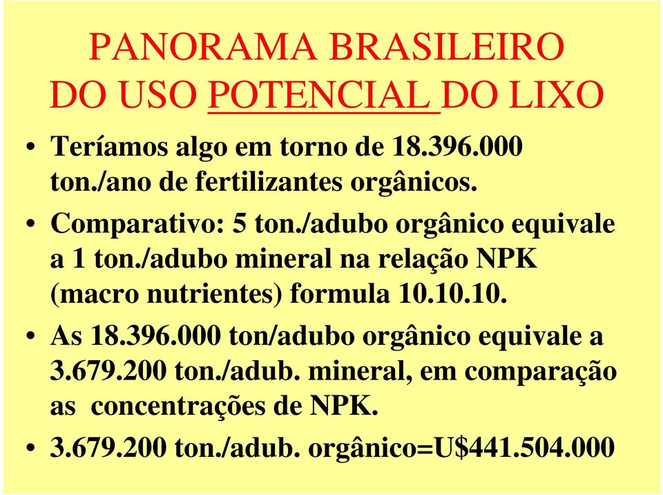 /adubo mineral na relação NPK (macro nutrientes) formula 10.10.10. As 18.396.