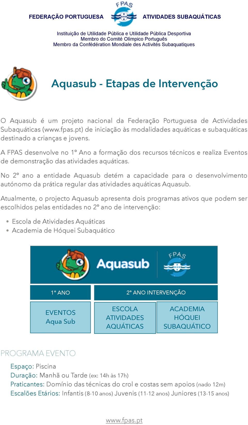 No 2º ano a entidade Aquasub detém a capacidade para o desenvolvimento autónomo da prática regular das atividades aquáticas Aquasub.