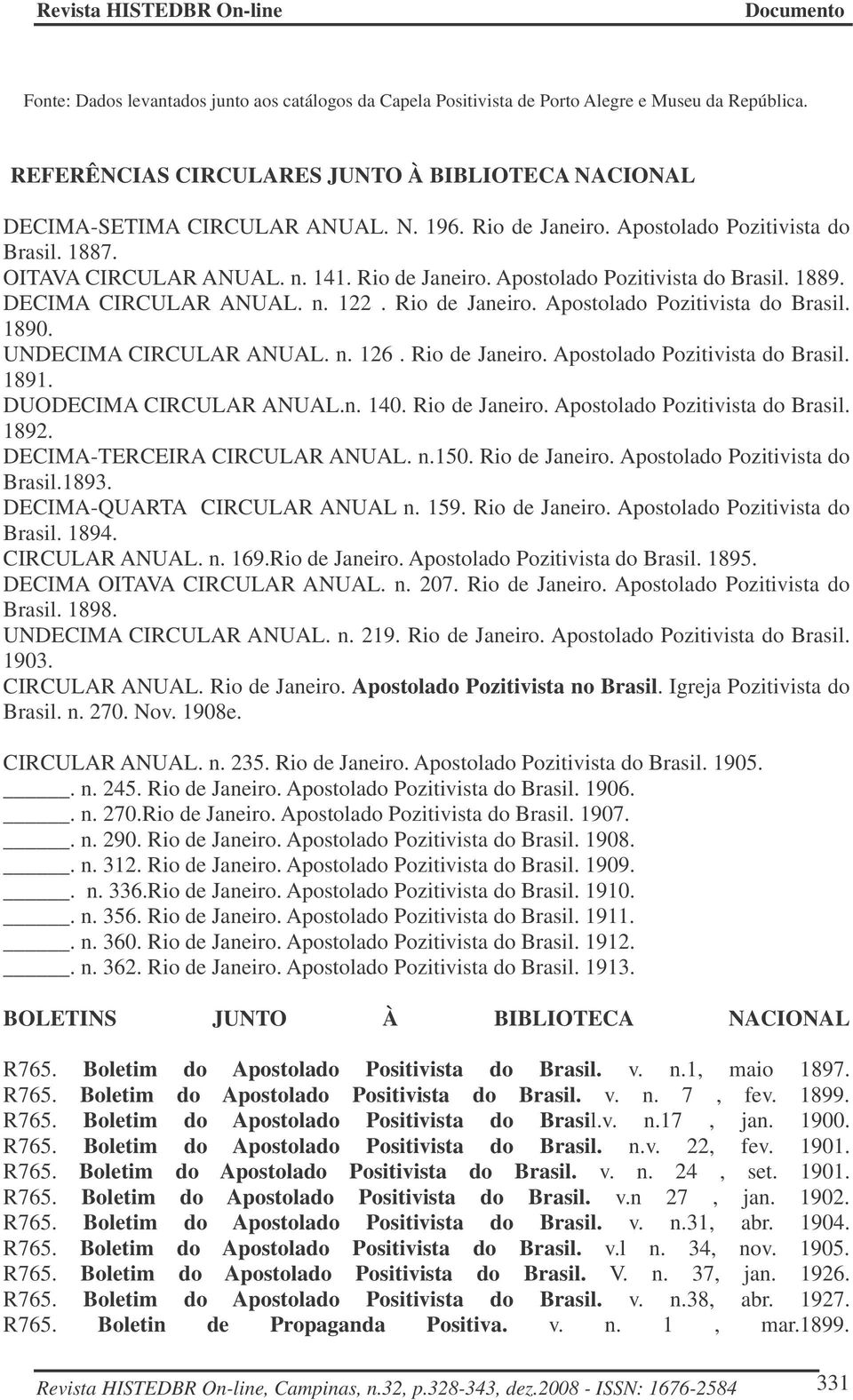 UNDECIMA CIRCULAR ANUAL. n. 126. Rio de Janeiro. Apostolado Pozitivista do Brasil. 1891. DUODECIMA CIRCULAR ANUAL.n. 140. Rio de Janeiro. Apostolado Pozitivista do Brasil. 1892.