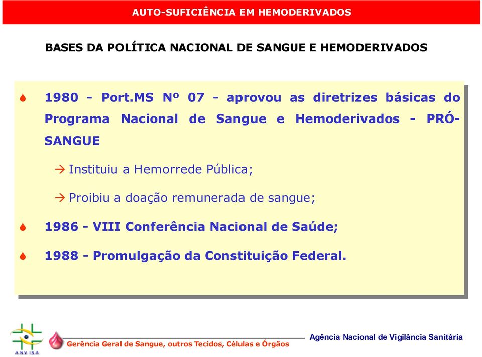 Hemoderivados - PRÓ- PRÓ- SANGUE Instituiu a Hemorrede Pública; Proibiu a doação remunerada