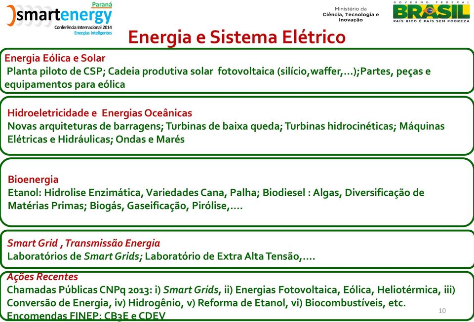 Hidráulicas; Ondas e Marés Bioenergia Etanol: Hidrolise Enzimática, Variedades Cana, Palha; Biodiesel : Algas, Diversificação de Matérias Primas; Biogás, Gaseificação, Pirólise,.