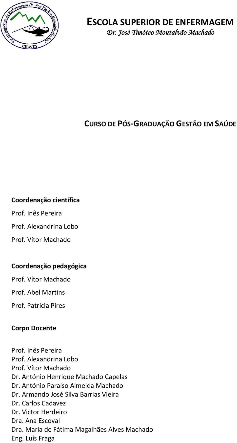 Patrícia Pires Corpo Docente Prof. Inês Pereira Prof. Alexandrina Lobo Prof. Vítor Machado Dr. António Henrique Machado Capelas Dr.