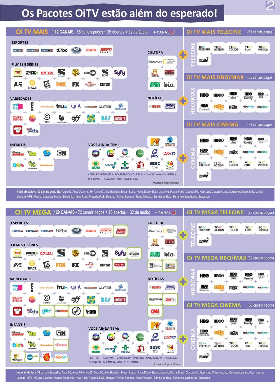 pagos) HBO/MAX Oi TV MAIS HBO/MAX VARIEDADES (61 canais pagos) TELECINE Oi TV MAIS CNT - RIT - REDE VIDA - TV APARECIDA - TV BRASIL - CANÇÃO NOVA - TV JUSTIÇA TV SENADO - TV CÂMARA - NBR - REDE