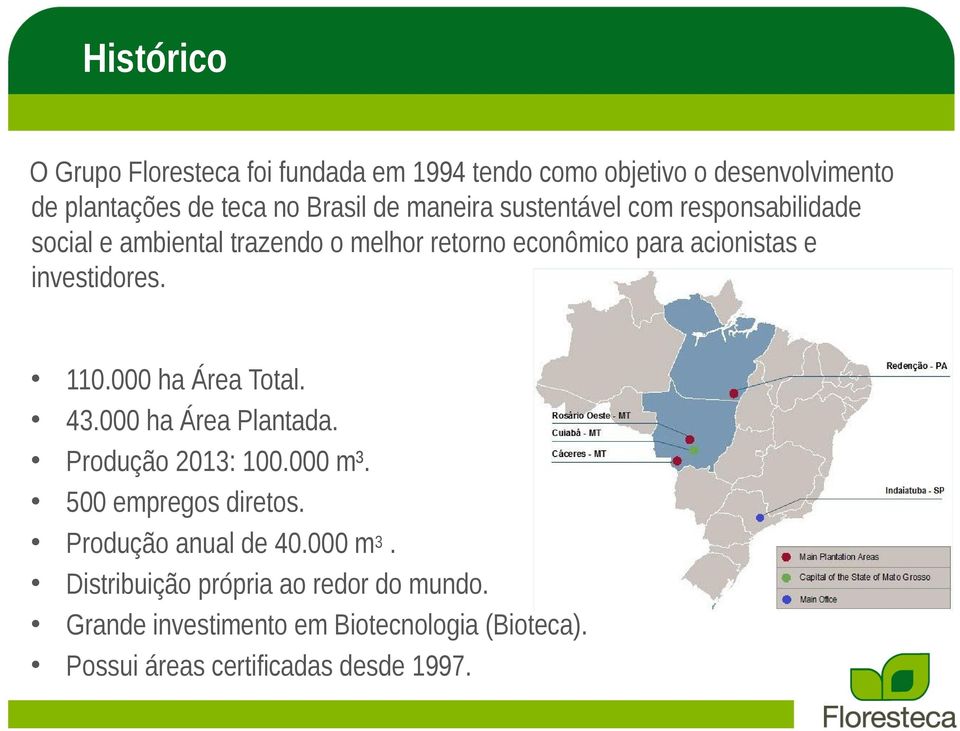 investidores. 110.000 ha Área Total. 43.000 ha Área Plantada. Produção 2013: 100.000 m³. 500 empregos diretos.