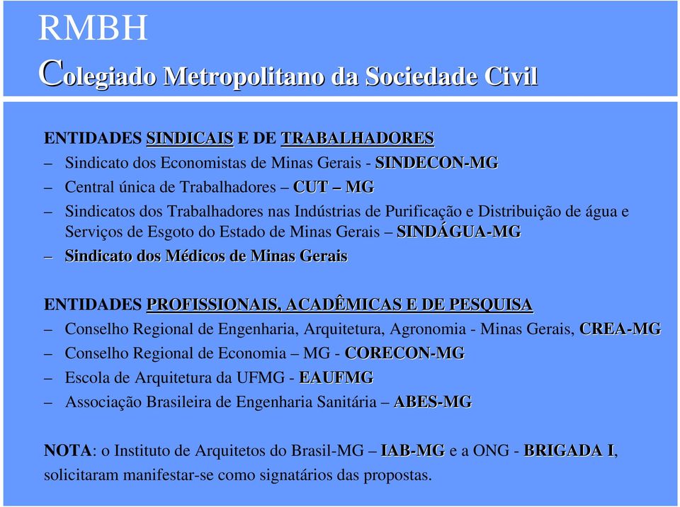 PROFISSIONAIS, ACADÊMICAS E DE PESQUISA Conselho Regional de Engenharia, Arquitetura, Agronomia - Minas Gerais, CREA-MG Conselho Regional de Economia MG - CORECON-MG Escola de Arquitetura da