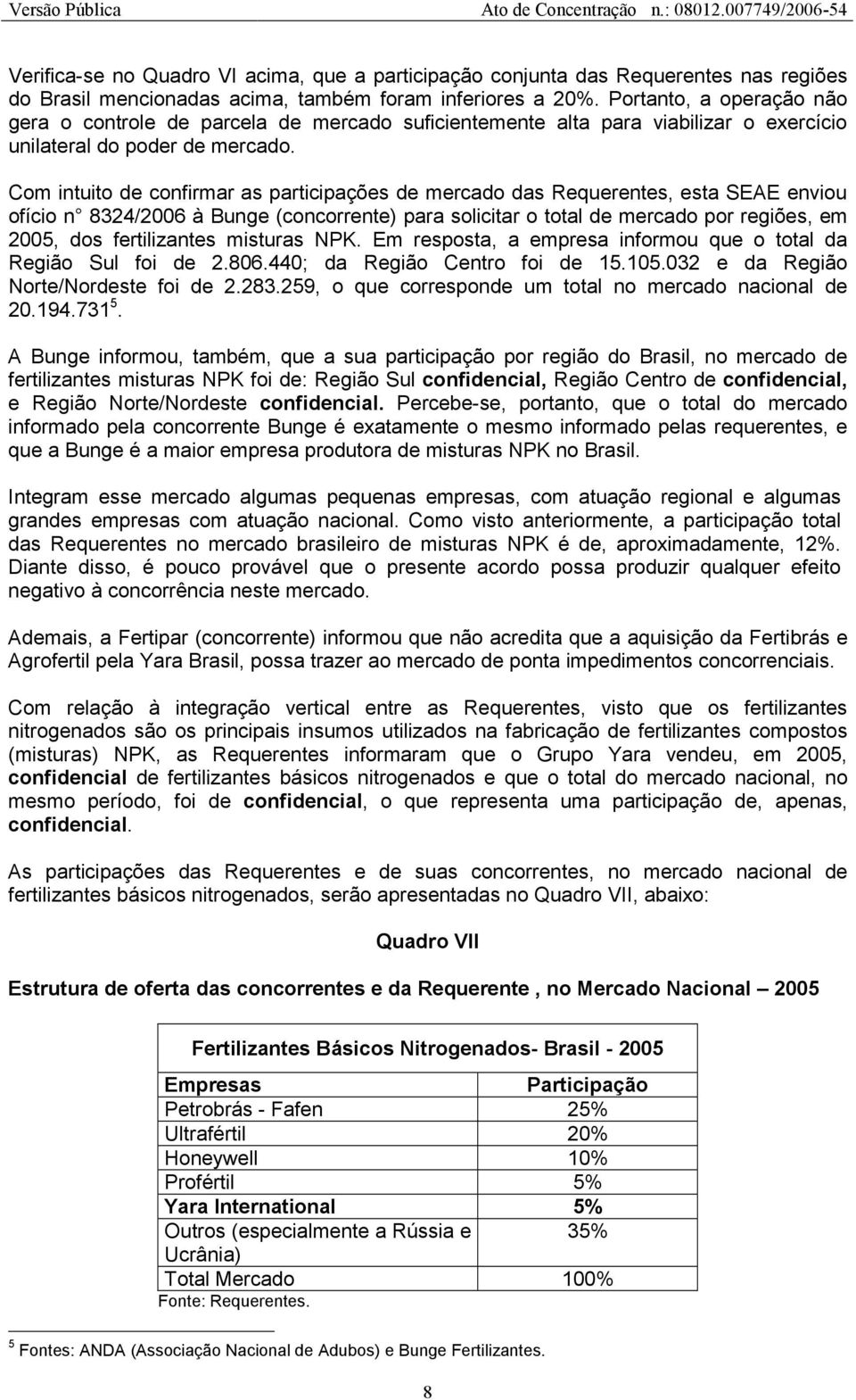 Com intuito de confirmar as participações de mercado das Requerentes, esta SEAE enviou ofício n 8324/2006 à Bunge (concorrente) para solicitar o total de mercado por regiões, em 2005, dos
