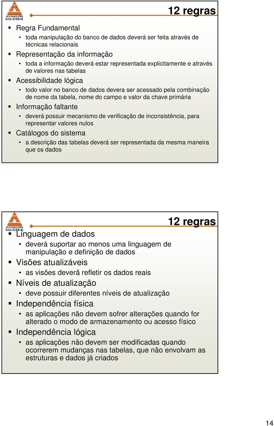 deverá possuir mecanismo de verificação de inconsistência, para representar valores nulos Catálogos do sistema a descrição das tabelas deverá ser representada da mesma maneira que os dados 12 regras