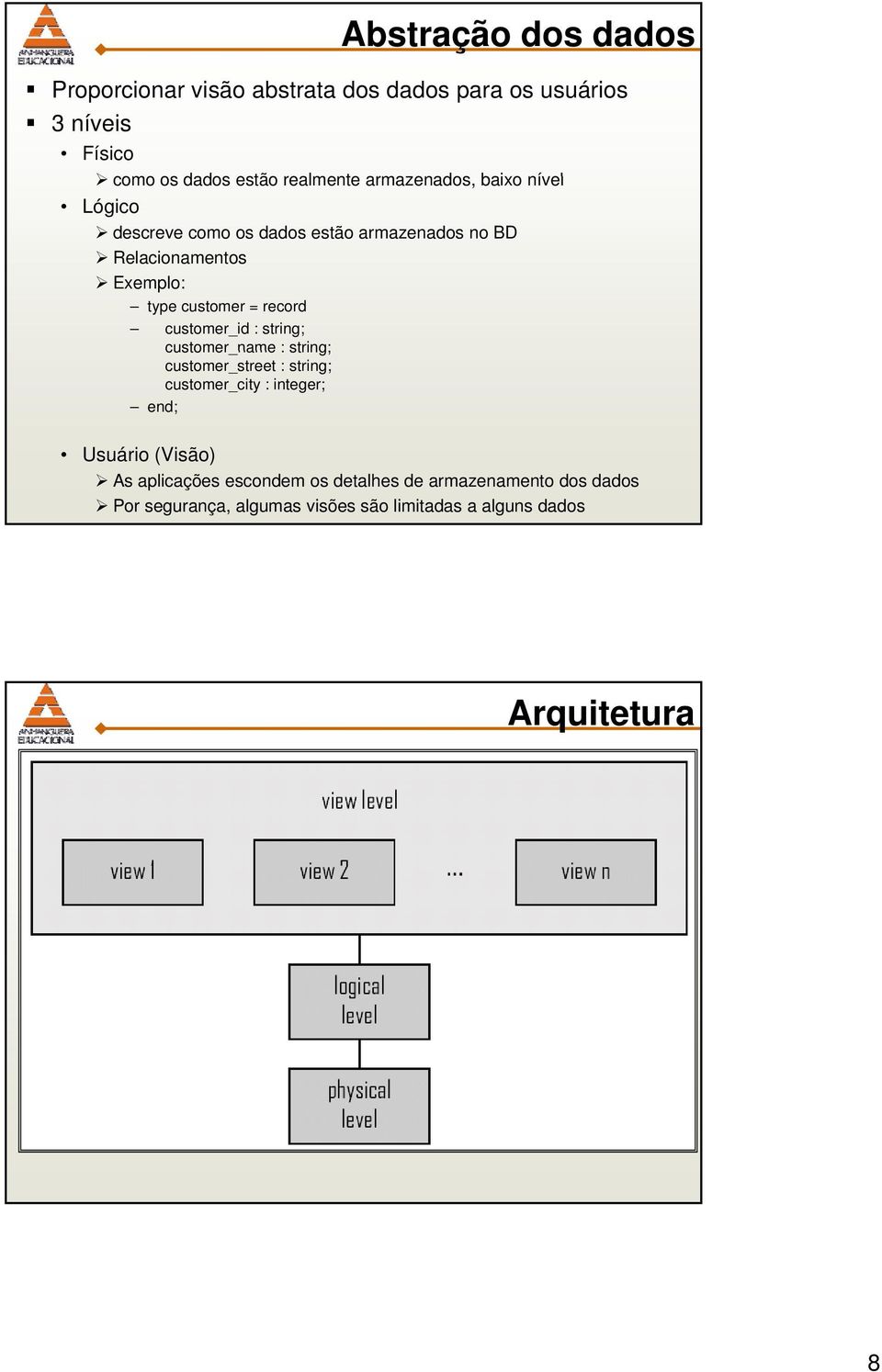 record customer_id : string; customer_name : string; customer_street : string; customer_city : integer; end; Usuário (Visão)