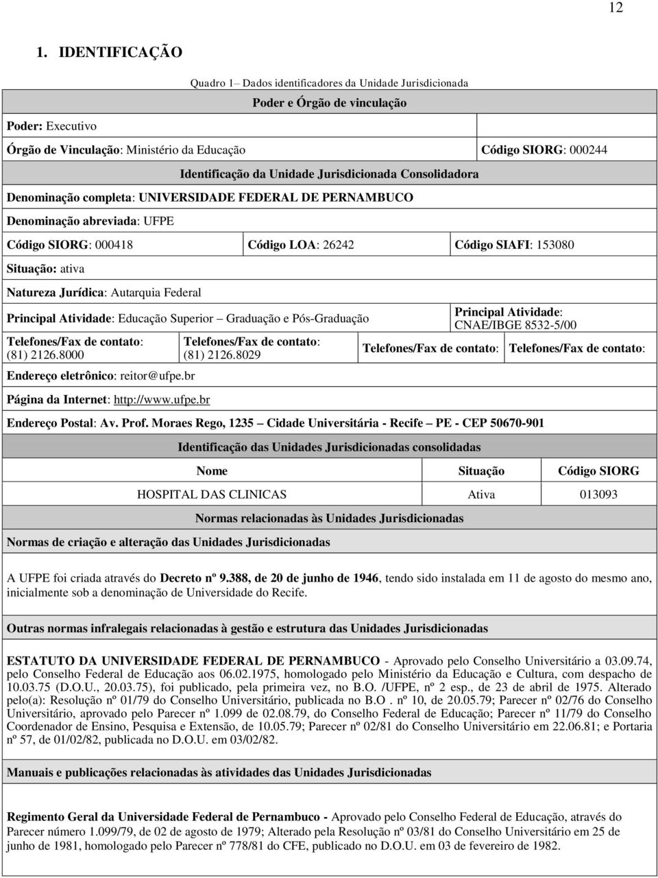 Situação: ativa Natureza Jurídica: Autarquia Federal Principal Atividade: Educação Superior Graduação e Pós-Graduação Telefones/Fax de contato: (81) 2126.8000 Endereço eletrônico: reitor@ufpe.