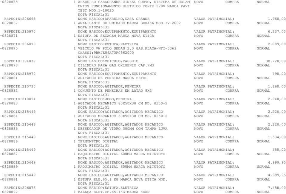 IV-2002 NOVO COMPRA NORMAL NOTA FISCAL:31 ESPECIE:215970 NOME BASICO:EQUIPAMENTO,EQUIPAMENTO VALOR PATRIMONIAL: 6.