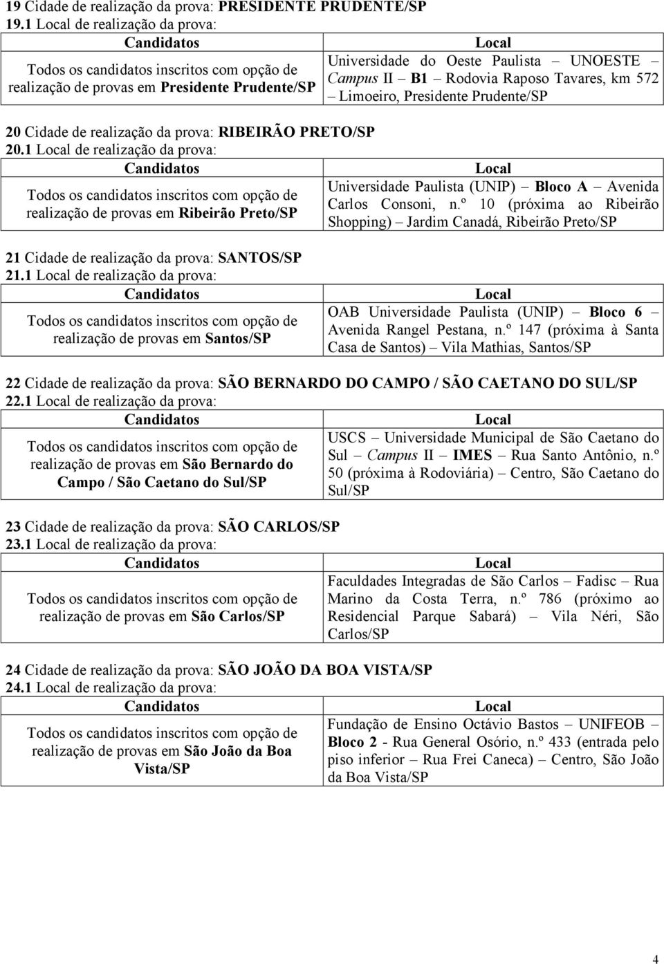 n.º 10 (próxim o Ribeirão Shopping) Jrdim Cndá, Ribeirão Preto/SP 21 Cidde de relizção d prov: SANTOS/SP 21.1 de relizção d prov: relizção de provs em Sntos/SP OAB Bloco 6 Avenid Rngel Pestn, n.