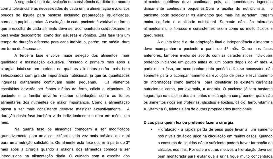 A evolução de cada paciente é variável de forma que a escolha de cada alimento deve ser acompanhada cuidadosamente para evitar desconforto como dor, náuseas e vômitos.