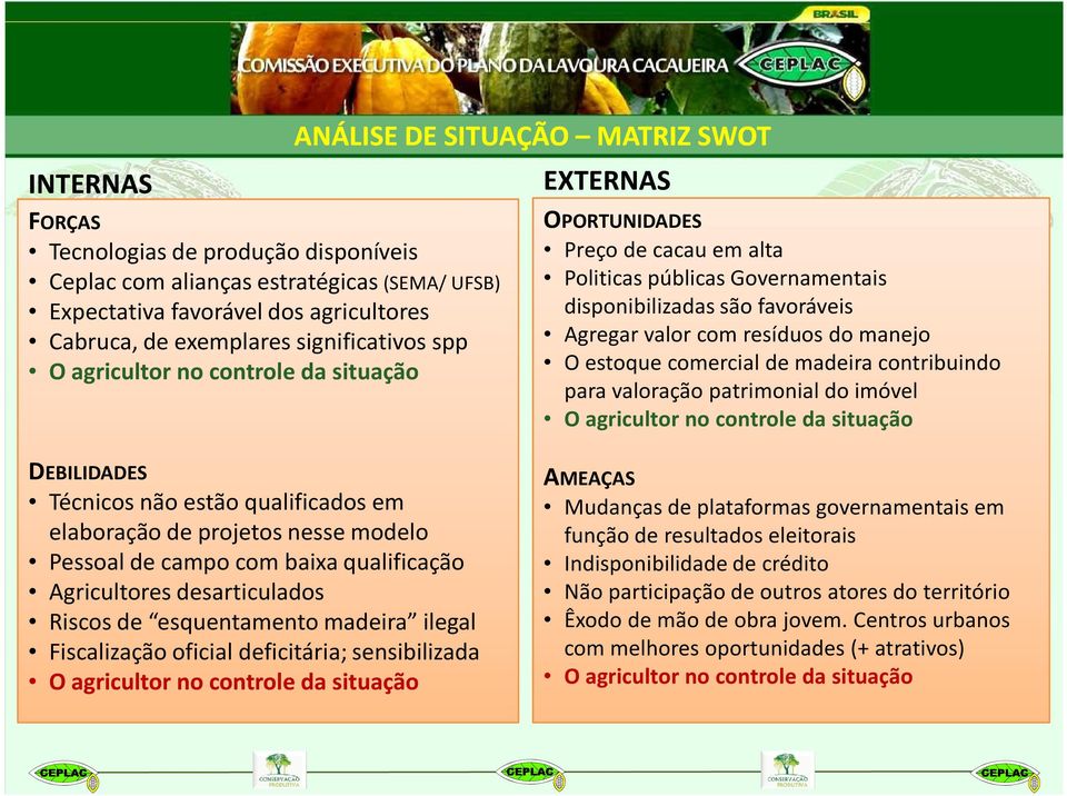 manejo O estoque comercial de madeira contribuindo para valoração patrimonial do imóvel O agricultor no controle da situação DEBILIDADES Técnicos não estão qualificados em elaboração de projetos