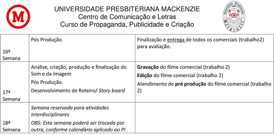 e entrega de todos os comerciais (trabalho2) para avaliação.